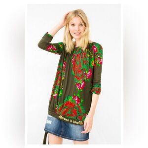 Desigual Floral Sequin Beaded Boho Blouse Maximalist Top Tie Hem M